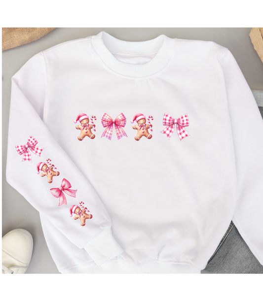 Christmas sweatshirt, sweatshirt with bows, gingerbread man sweatshirts, pink Christmas sweatshirts, bows and gingerbread men, sweatshirt with ties  coquette