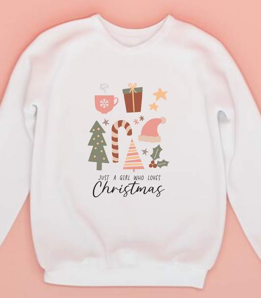 Christmas sweatshirts, just a girl who loves Christmas,  gingerbread men, Coqette Christmas Christmas tree, coffee lovers, hot chocolate cider, with Christmas details.