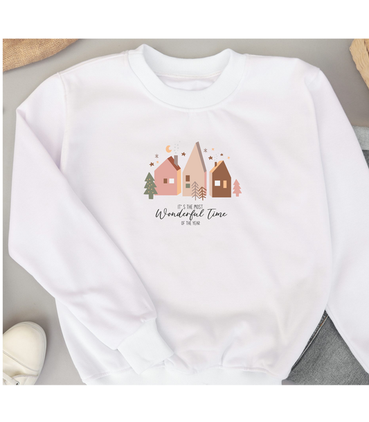 Christmas sweatshirt, it is the most wonderful time of the year, earth colors, houses, Christmas village, earth colors, pastel colors