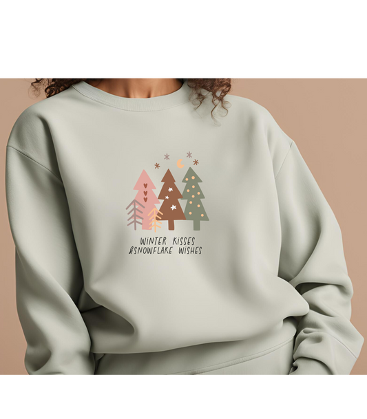 Christmas sweatshirt, winter kisses for snowflake wishes, earthy colors, Christmas trees, pastel colors, cartoon style.