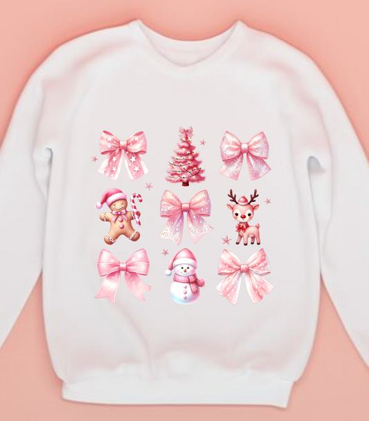 Christmas sweatshirt with bows, gingerbread men, Christmas tree, snowman, reindeer, pink and fuchsia, Coqette Christmas